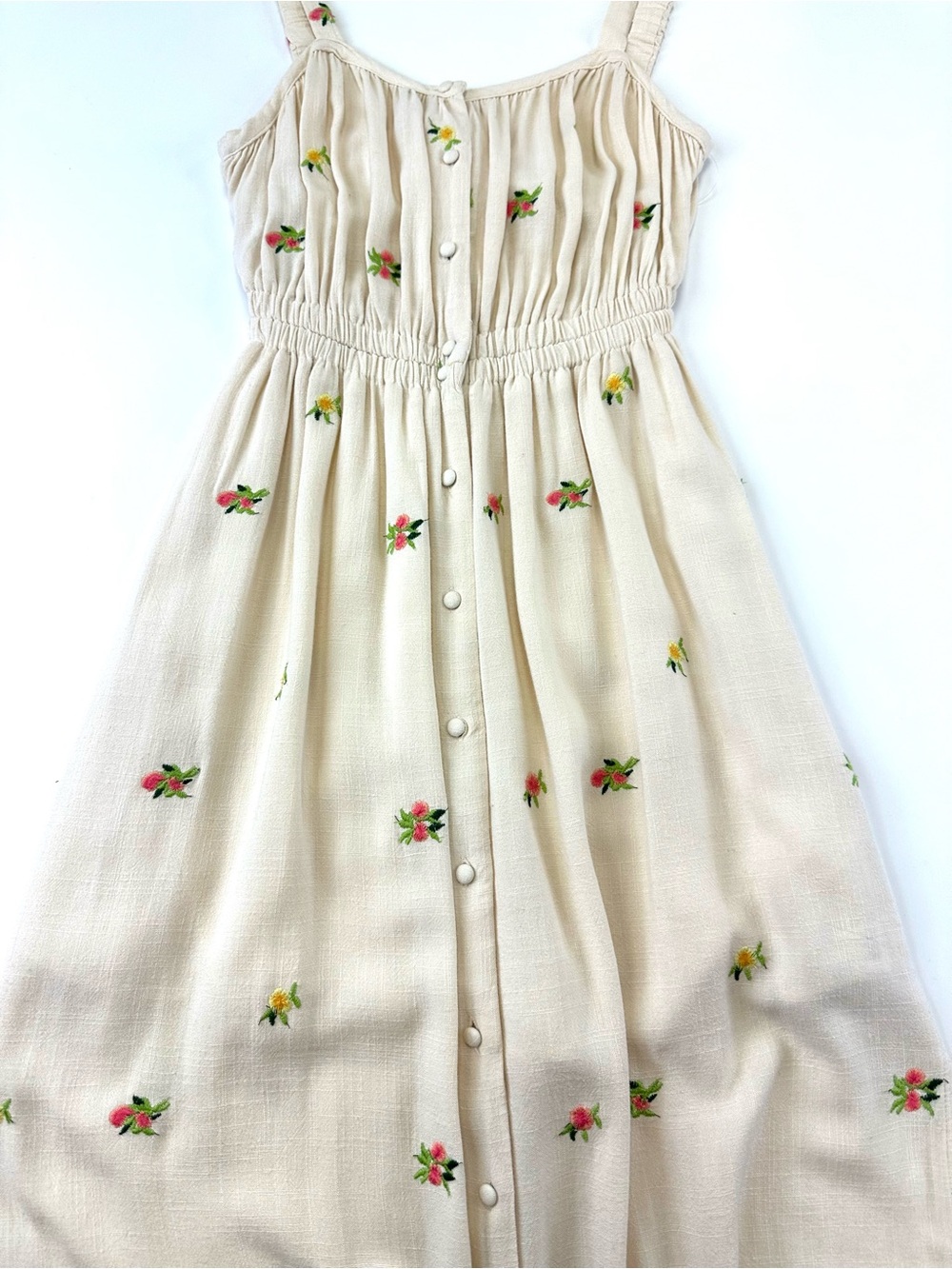 Cream Floral Midi Sundress Button Front Black Tape Dex Small Summer embroidered - Picture 5 of 10